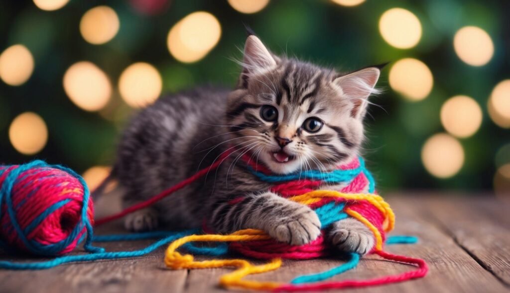 A playful kitten with fluffy fur, perhaps destined for one of the best boy cat names, is tangled in colorful yarn on a wooden floor. The background features soft, blurred lights, creating a warm and cheerful atmosphere.