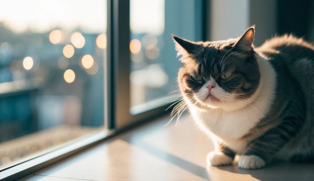 A chubby cat with a mix of grey and white fur, perhaps deserving of one of those grumpy cat names, sits by a window, gazing outside. The soft sunlight highlights the cat's fur, and blurred lights twinkle in the background, suggesting a peaceful, cozy setting.