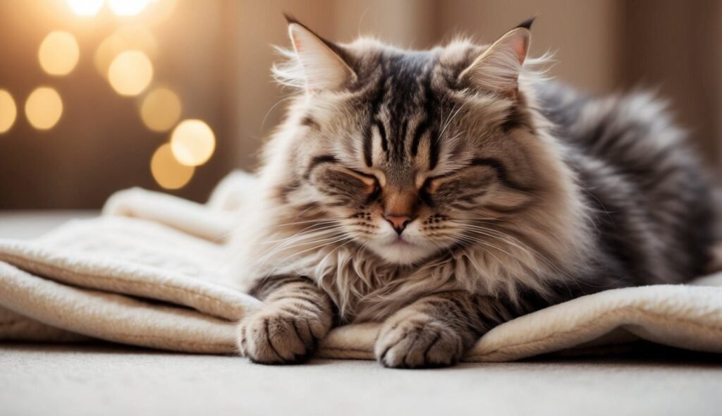 A fluffy tabby cat with closed eyes is happily kneading on a soft beige blanket, lost in its fuzzy habit. Warm, blurred lights in the background create a cozy atmosphere.
