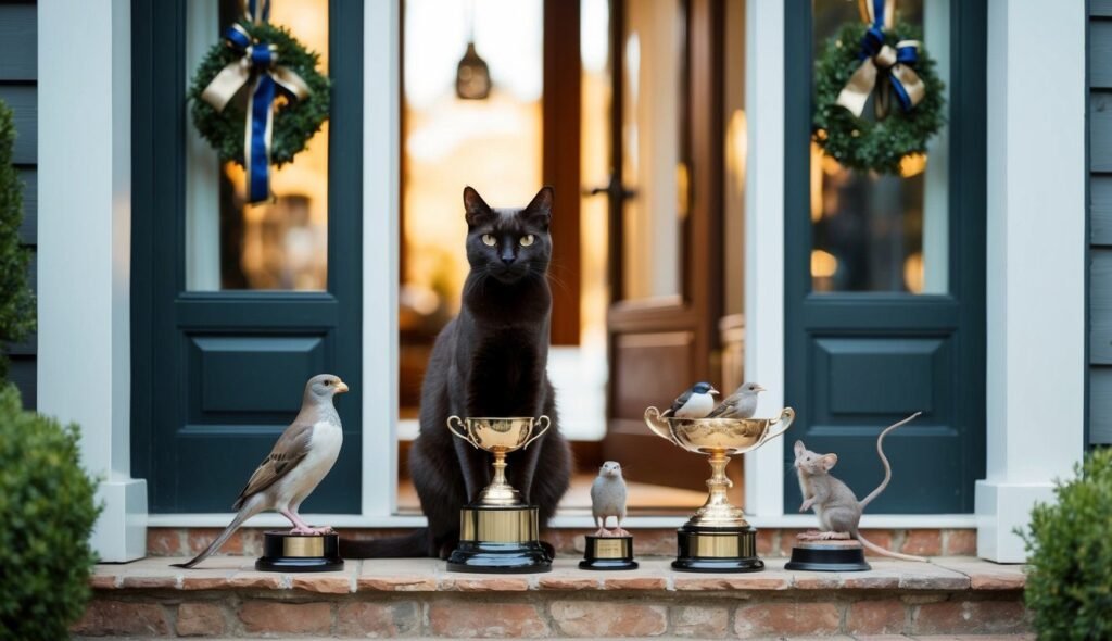 A black cat, showcasing its hunting instinct, sits on a doorstep surrounded by three trophies. Next to each trophy, a mouse and two birds are perched. The door is decorated with wreaths, creating a festive scene that hints at the reasons behind feline behavior.