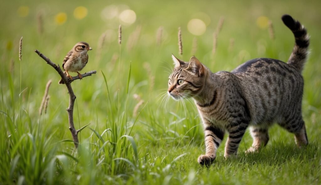 A tabby cat, like a fuzzy ninja on the prowl, cautiously approaches a small bird perched on a branch in a grassy field. The cat's attention is sharply focused on the bird, showing intense curiosity. The background is lush with green grass and blurred wildflowers.