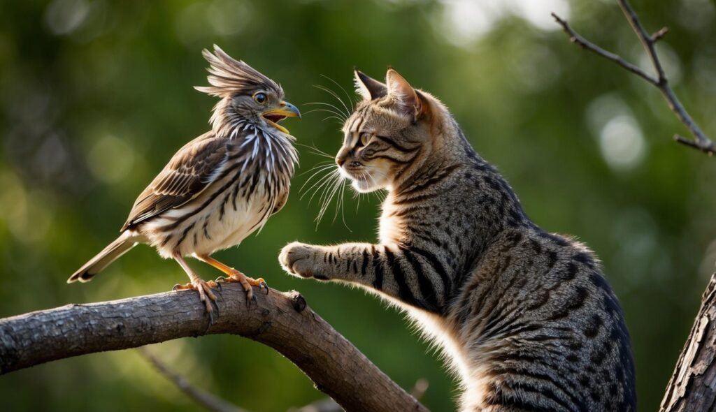 A tabby, like a fuzzy ninja, playfully interacts with a crested bird on a tree branch. The cat raises a paw while the bird, with its tufted head, vocalizes. In the background, the blurred green foliage frames this whimsical encounter.