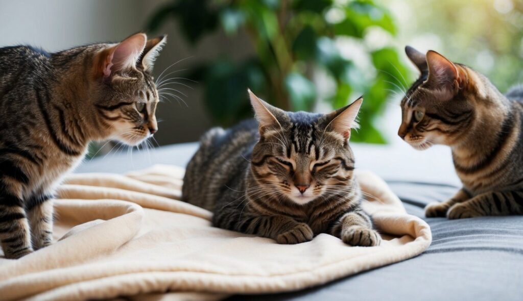 Three tabby cats relax on a beige blanket. The middle cat is lying down, eyes closed, indulging in the fuzzy habit of kneading, while the other two sit attentively on either side. A green plant is blurred in the background, creating a cozy indoor scene.