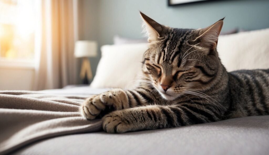A tabby cat with closed eyes is peacefully lying on a bed with a soft blanket, occasionally engaging in the endearing behavior of kneading. Sunlight gently filters through the window, creating a warm and comforting atmosphere in the cozy room.
