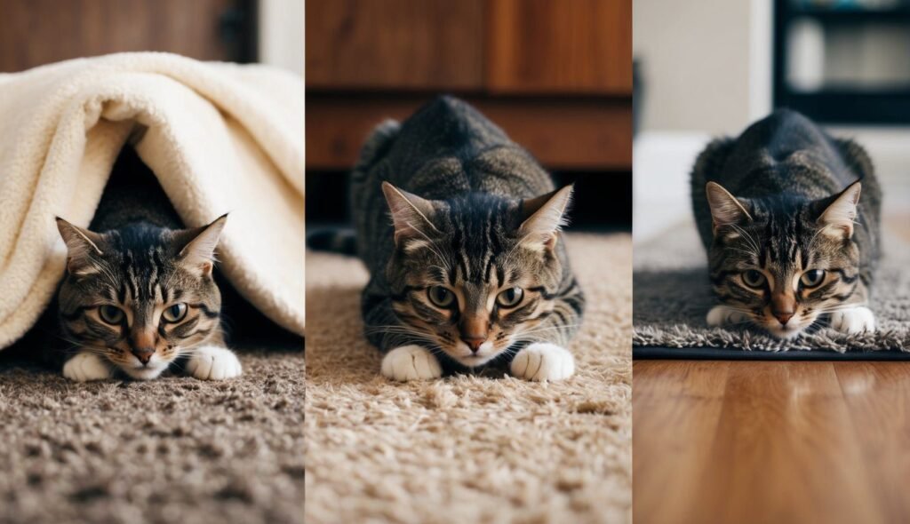 Three-panel image of a tabby cat. Left: Cat peeking from under a blanket on carpet. Middle: Cat with a focused stare, engaging in its fuzzy habit on the carpet. Right: Cat crouched on a wooden floor, eyeing something intently, as if unravelling a mystery.