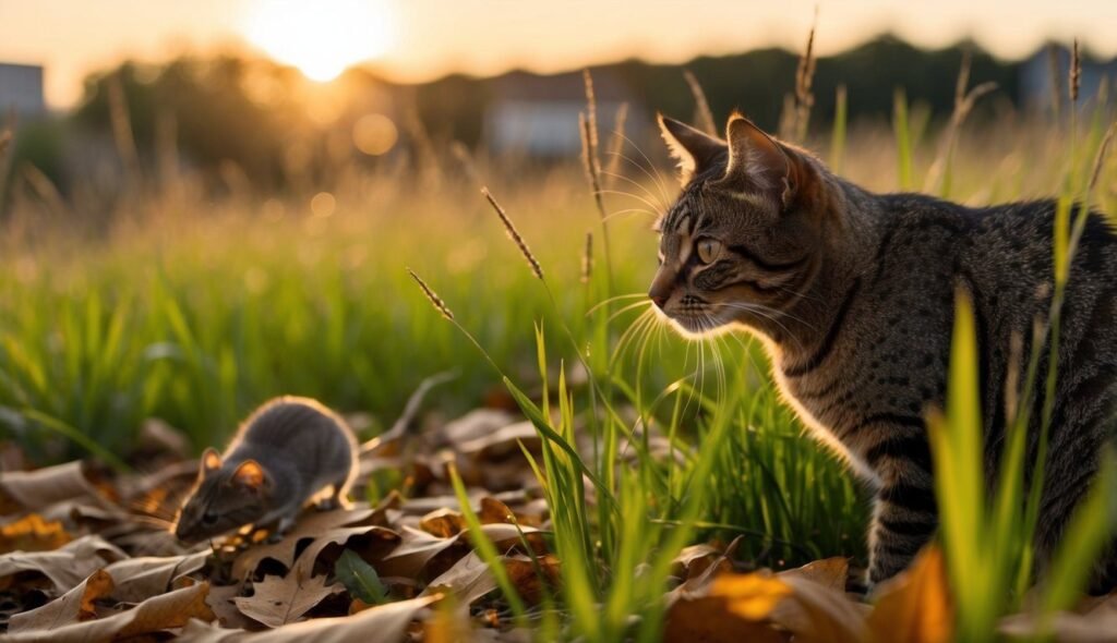 A tabby cat, the epitome of a fuzzy ninja, prowls in a field at sunset, eyes fixed on a mouse nearby. The scene is bathed in the warm glow of the setting sun, casting long shadows on the grass and fallen leaves.