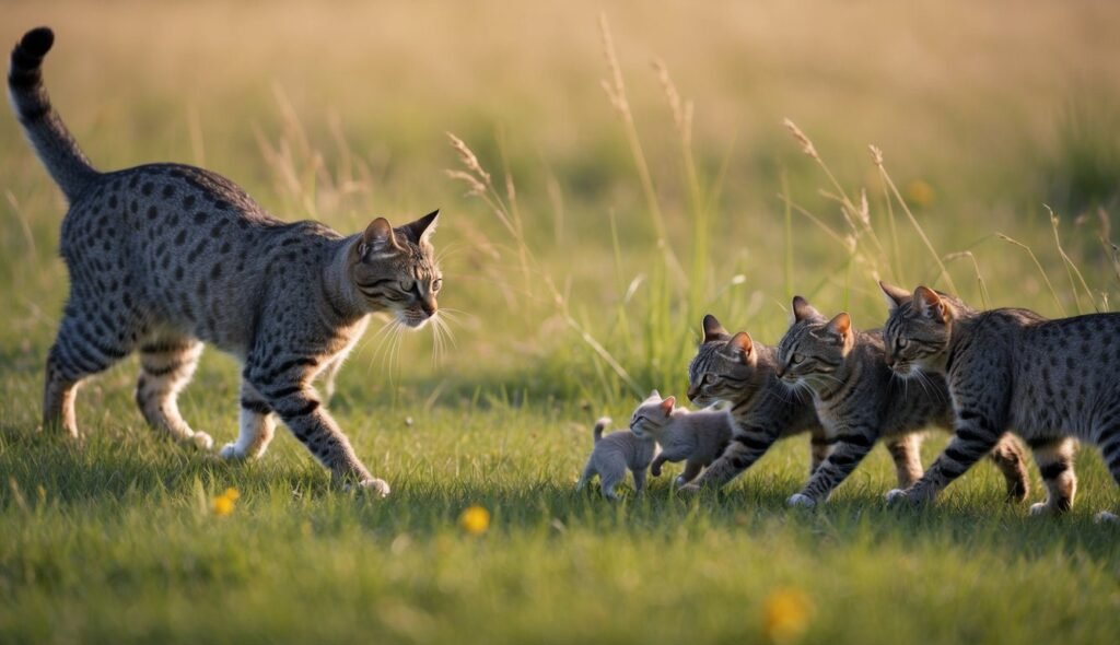 A group of four adult cats and one kitten prowl across a sunlit grassy field. The adults have spotted coats and appear similar in appearance, like fuzzy ninjas. The kitten, smaller and lighter in color, follows closely. The background shows soft-focus grass and wildflowers.